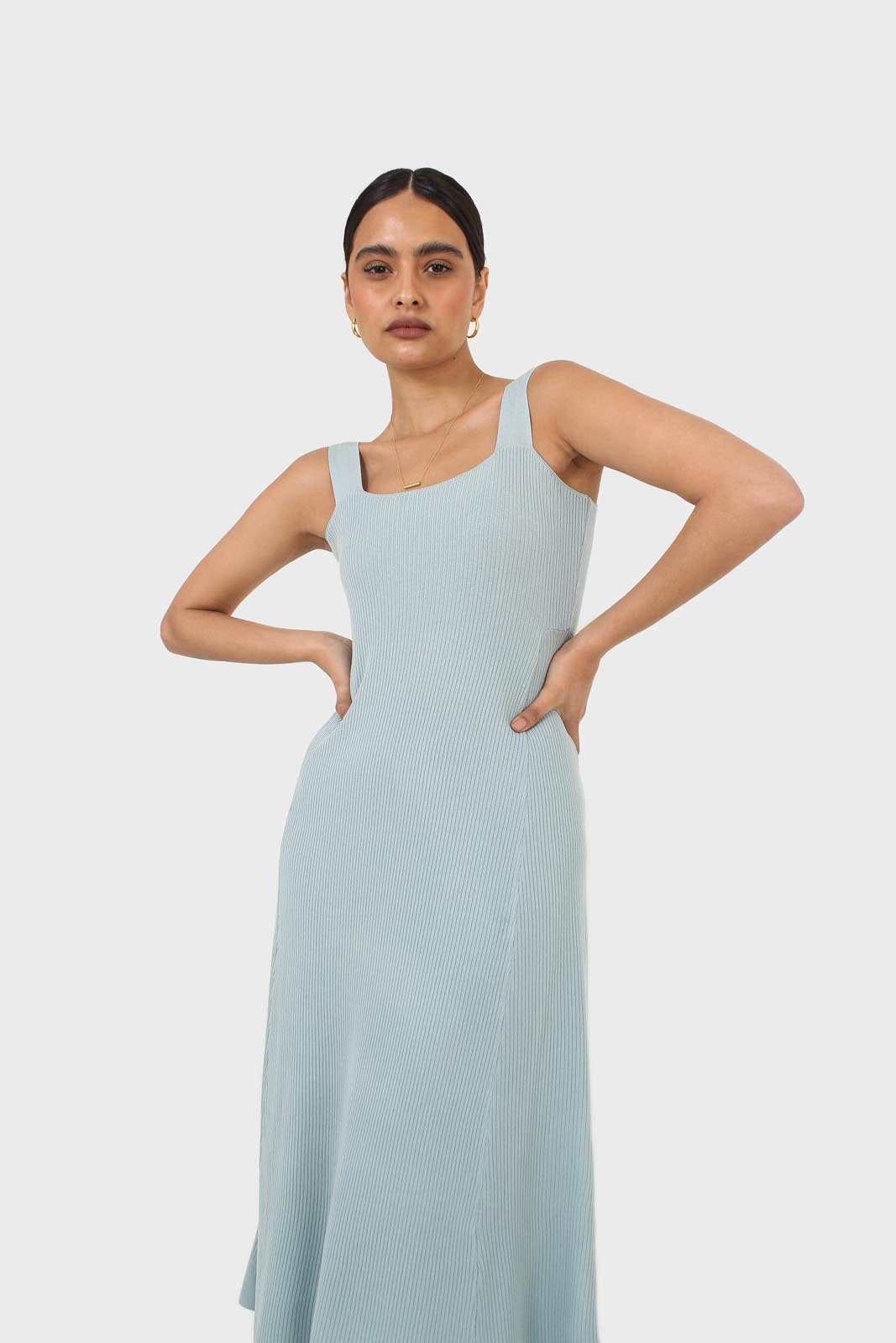 Blue square neckline ribbed midi dress