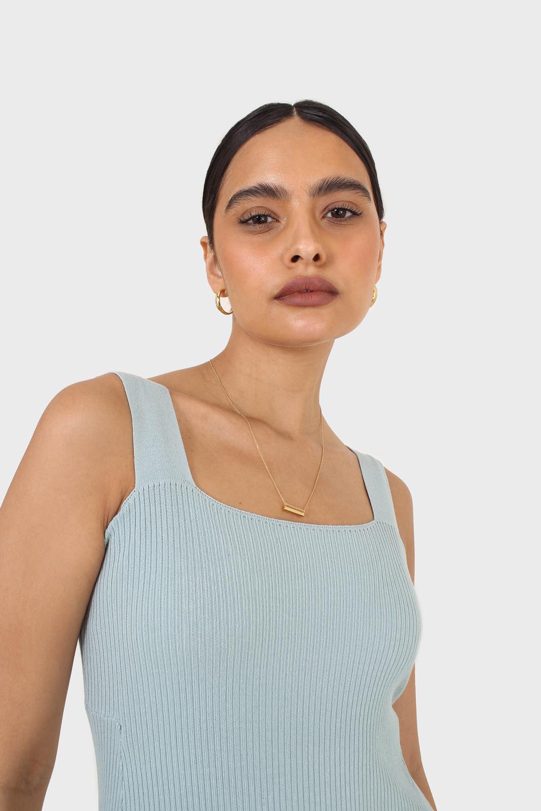 Blue square neckline ribbed midi dress