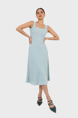 Blue square neckline ribbed midi dress