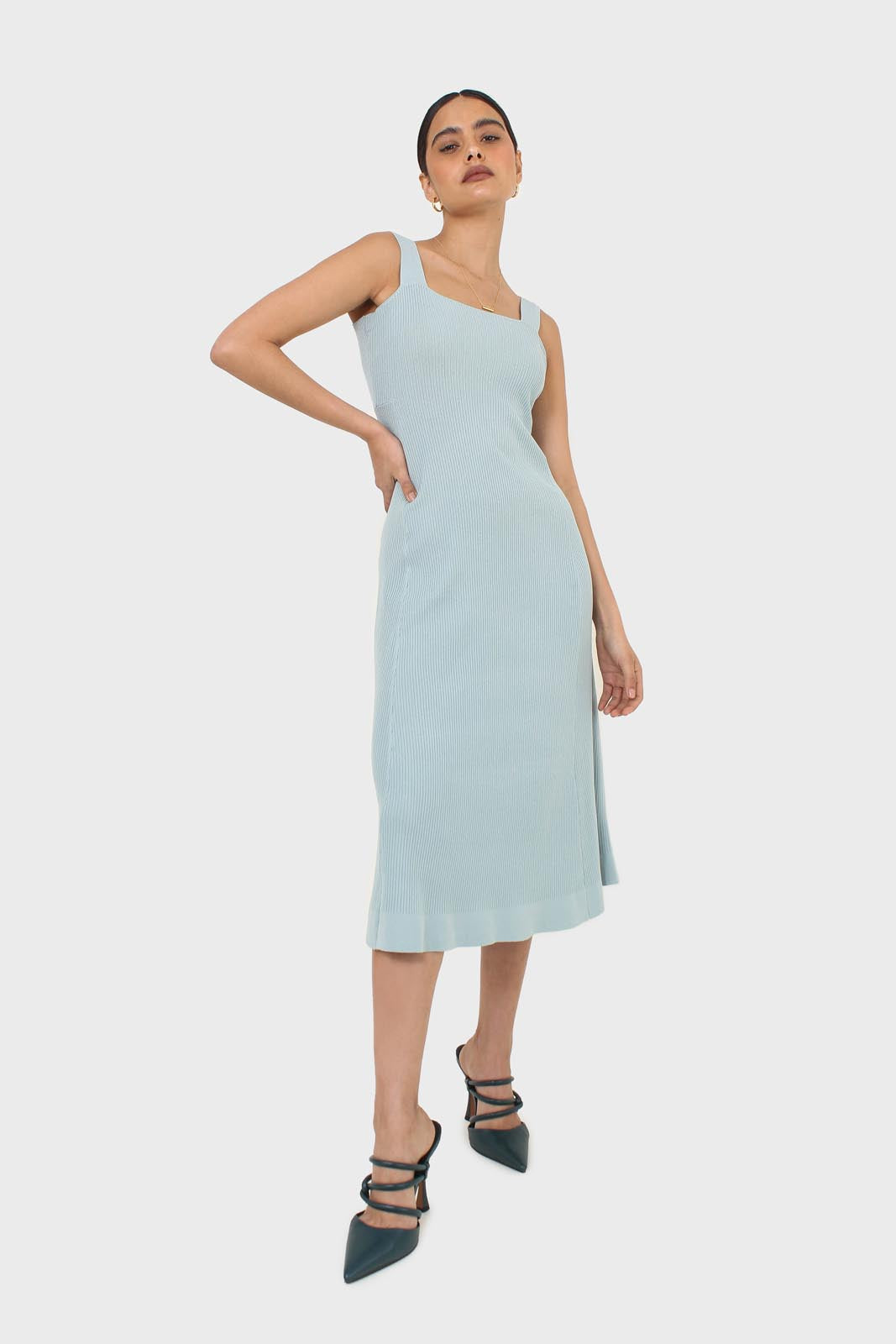 Blue square neckline ribbed midi dress