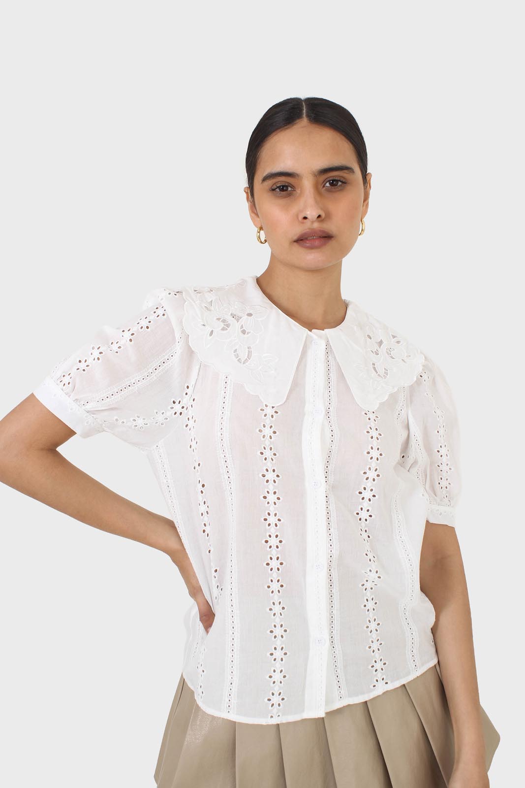 Ivory broderie anglaise large collar blouse