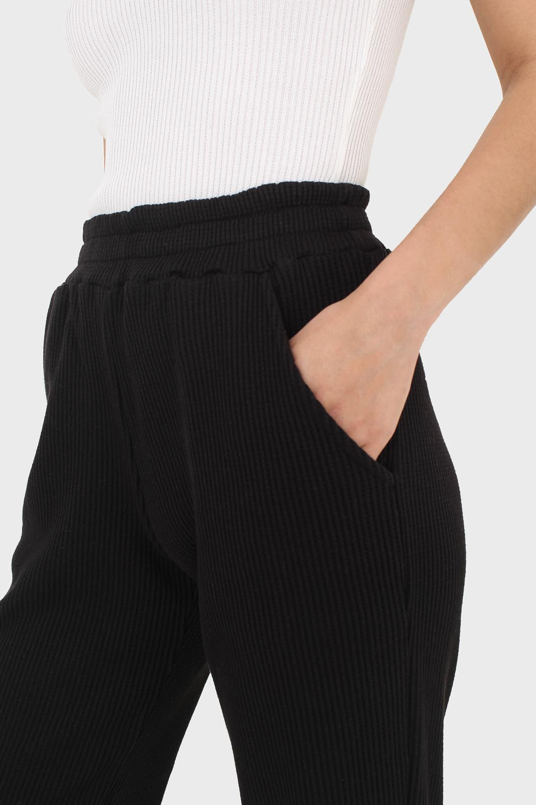 Black waffle textured relaxed trousers