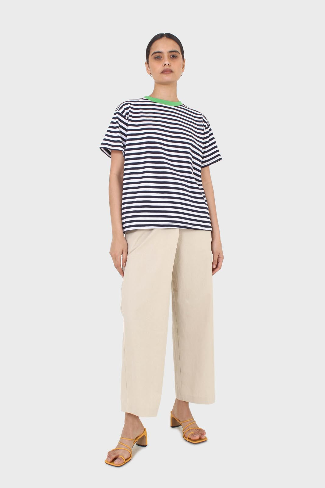 Beige asymmetric closure straight leg trousers