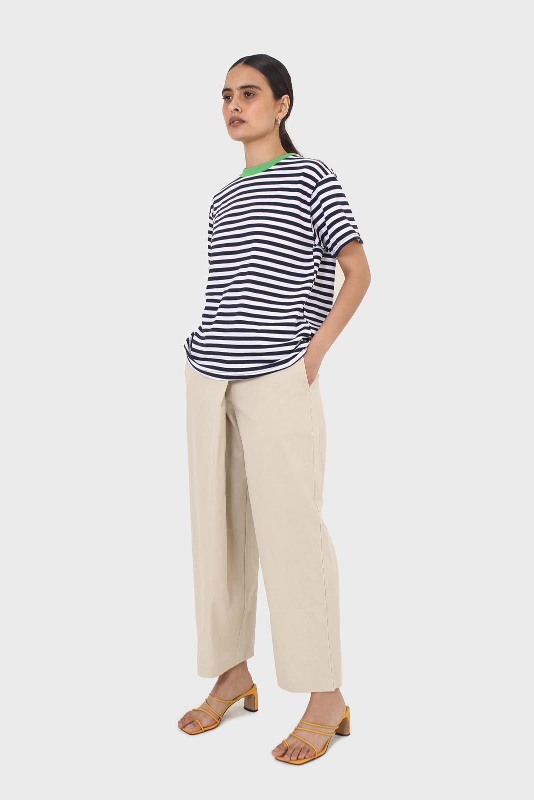 Beige asymmetric closure straight leg trousers