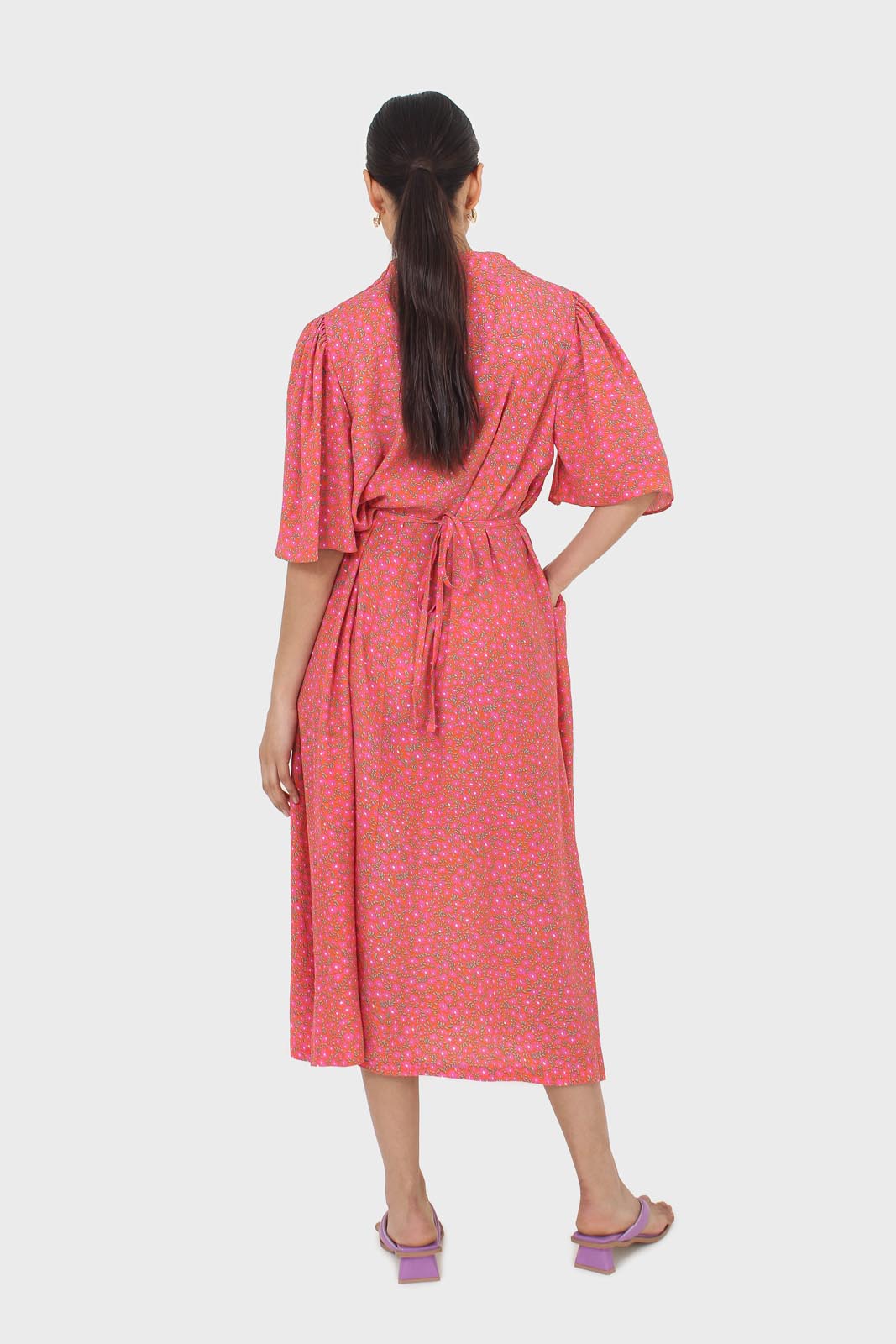 Pink floral print tie back maxi dress