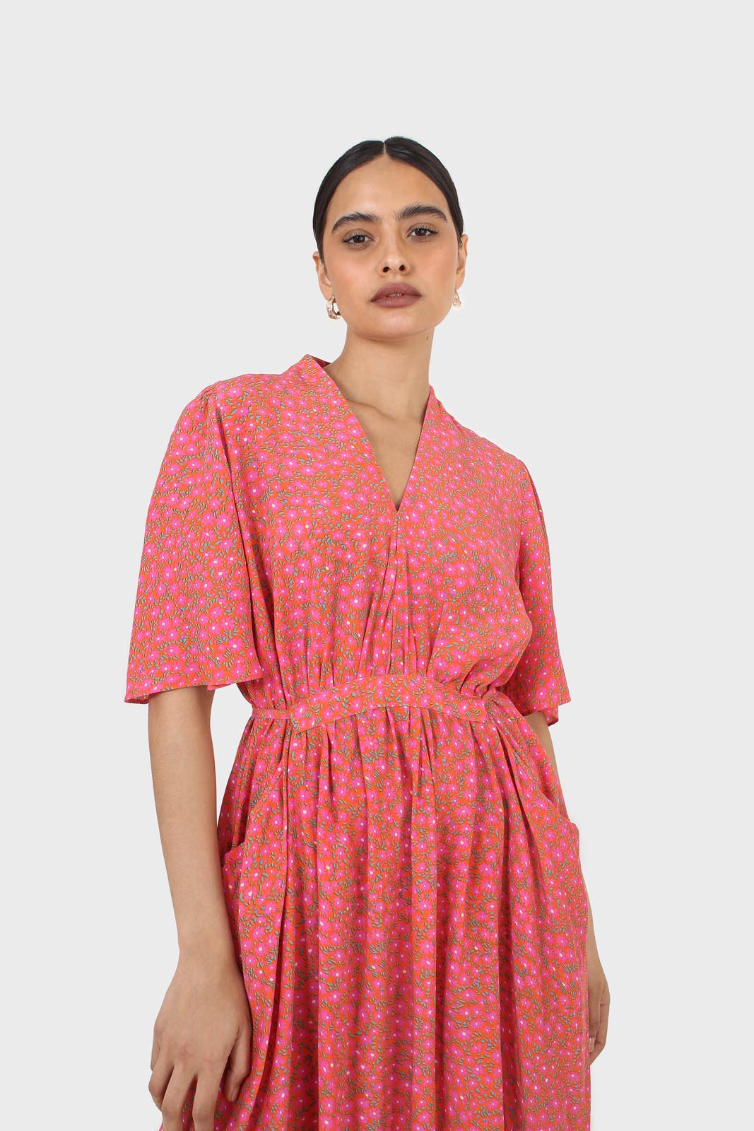 Pink floral print tie back maxi dress