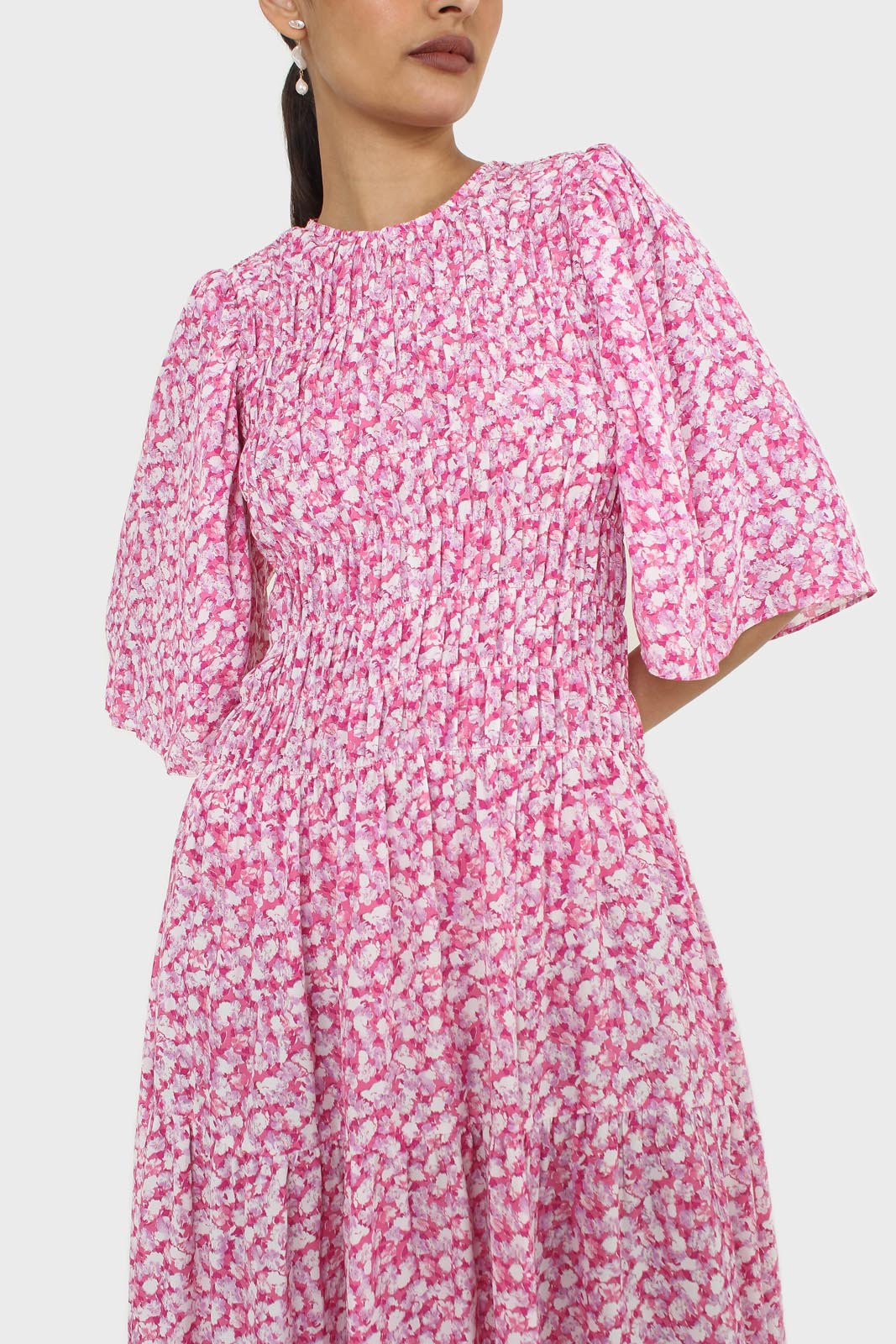 Pink tiny flower smocked bodice midi dress