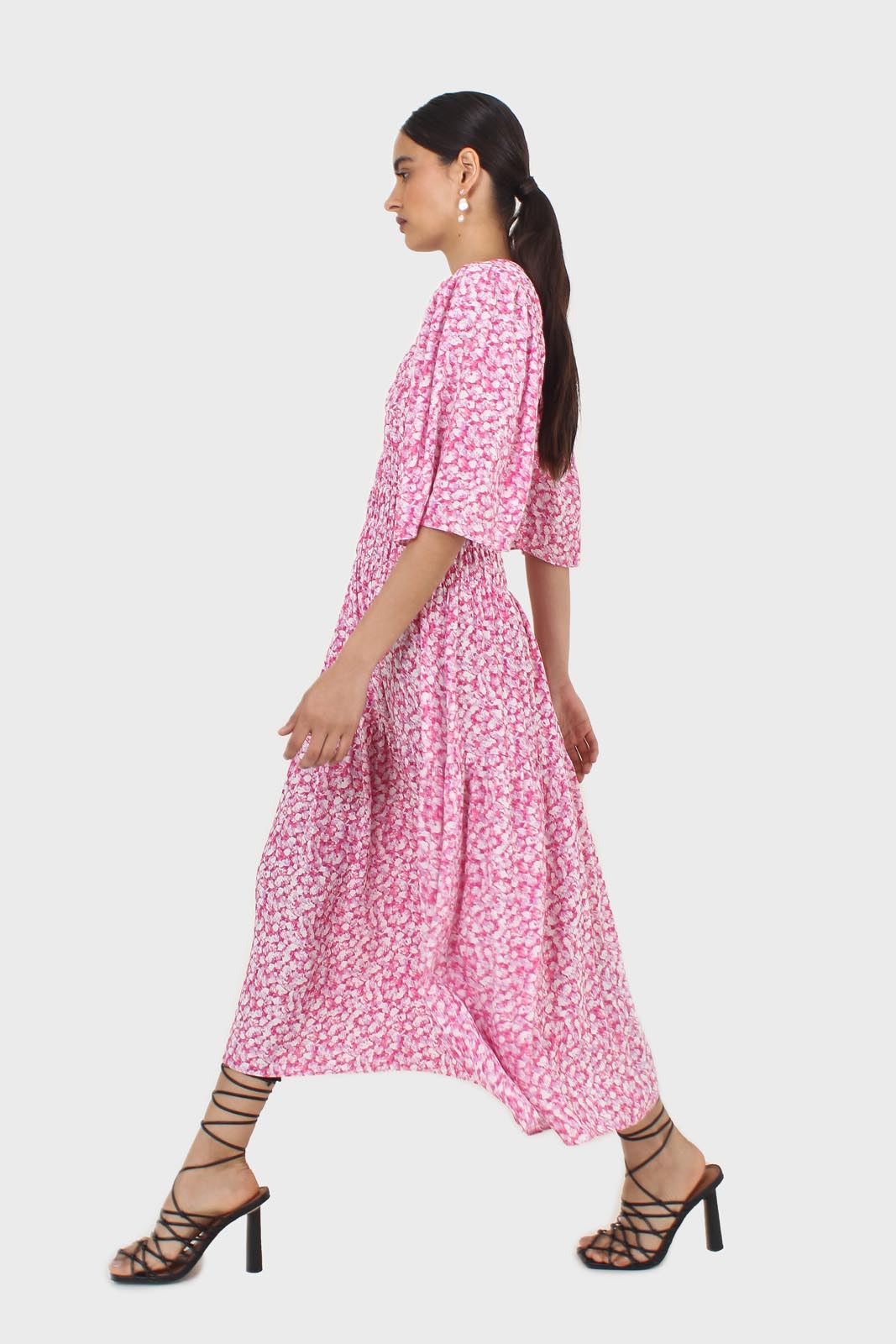 Pink tiny flower smocked bodice midi dress