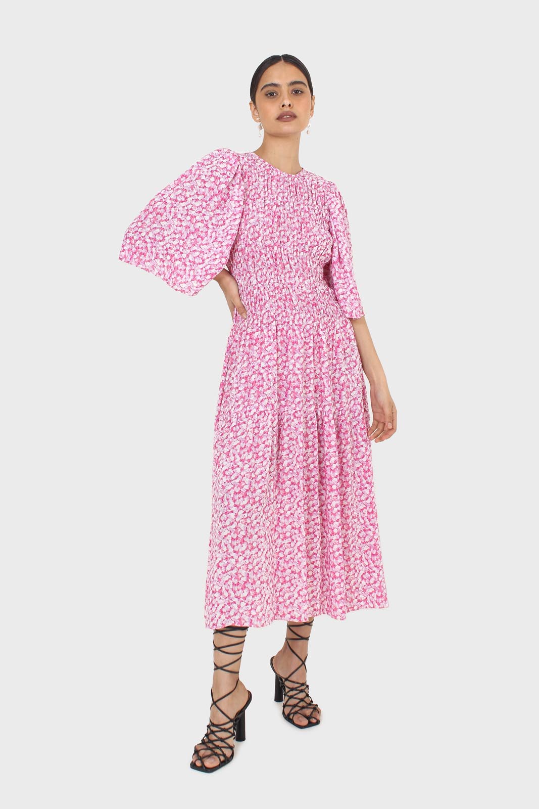 Pink tiny flower smocked bodice midi dress