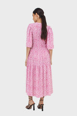 Pink tiny flower smocked bodice midi dress