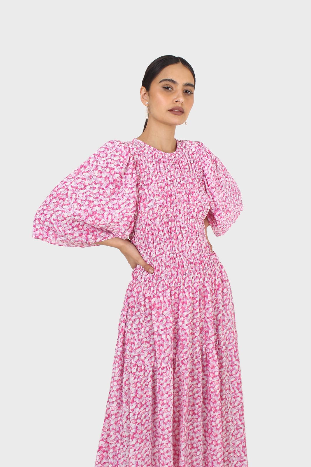 Pink tiny flower smocked bodice midi dress
