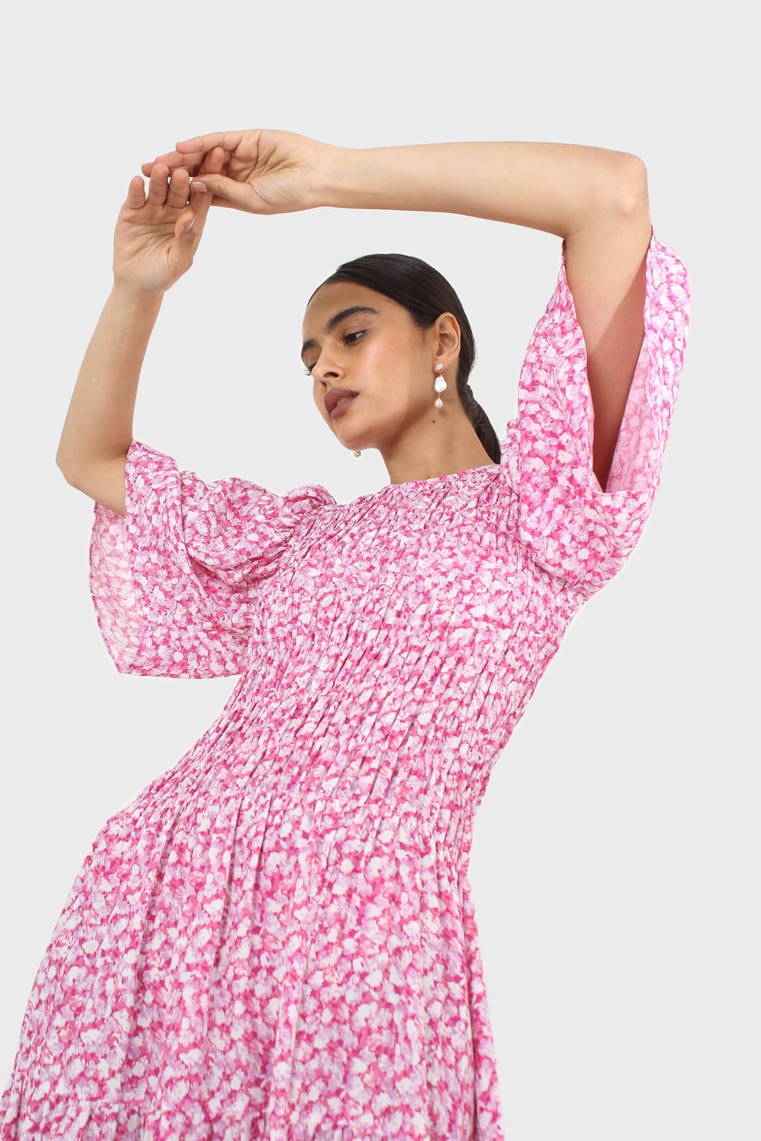 Pink tiny flower smocked bodice midi dress