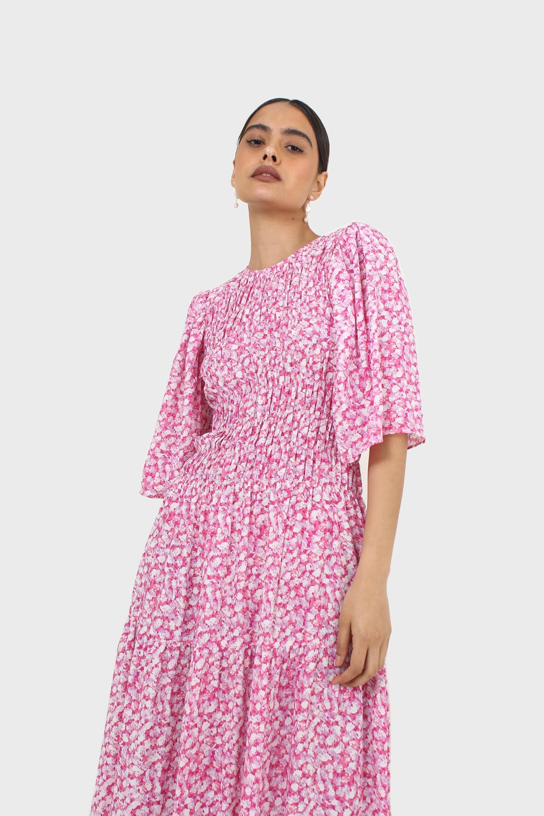 Pink tiny flower smocked bodice midi dress