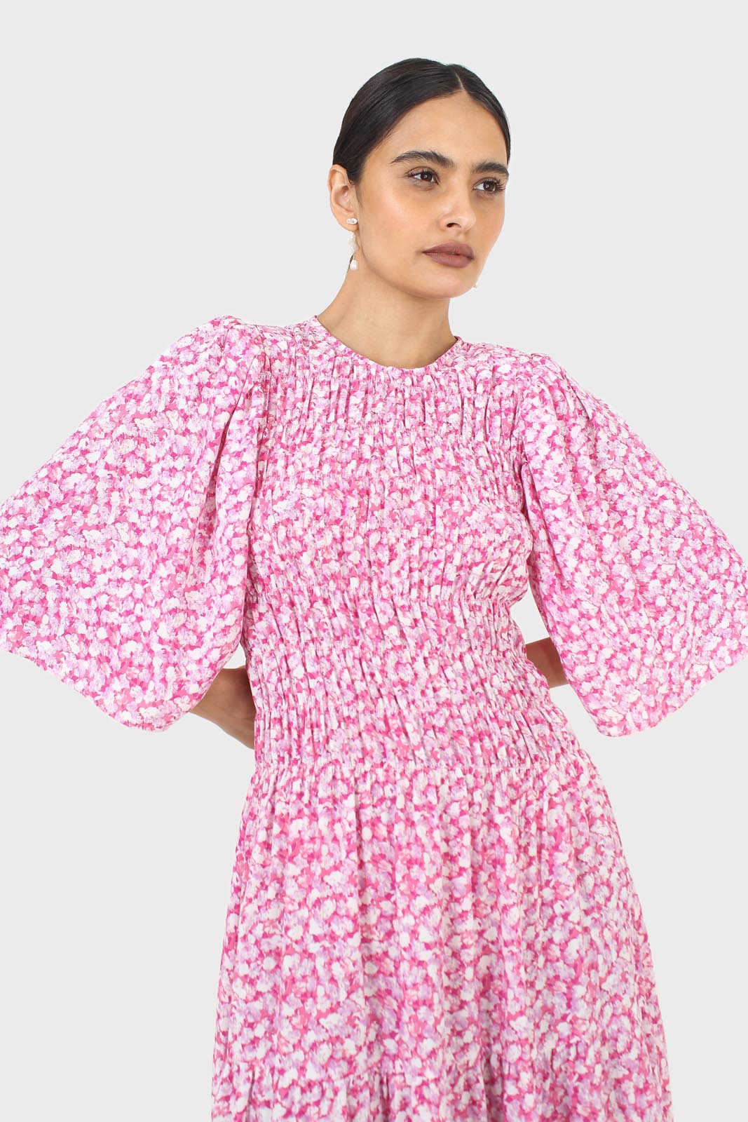 Pink tiny flower smocked bodice midi dress