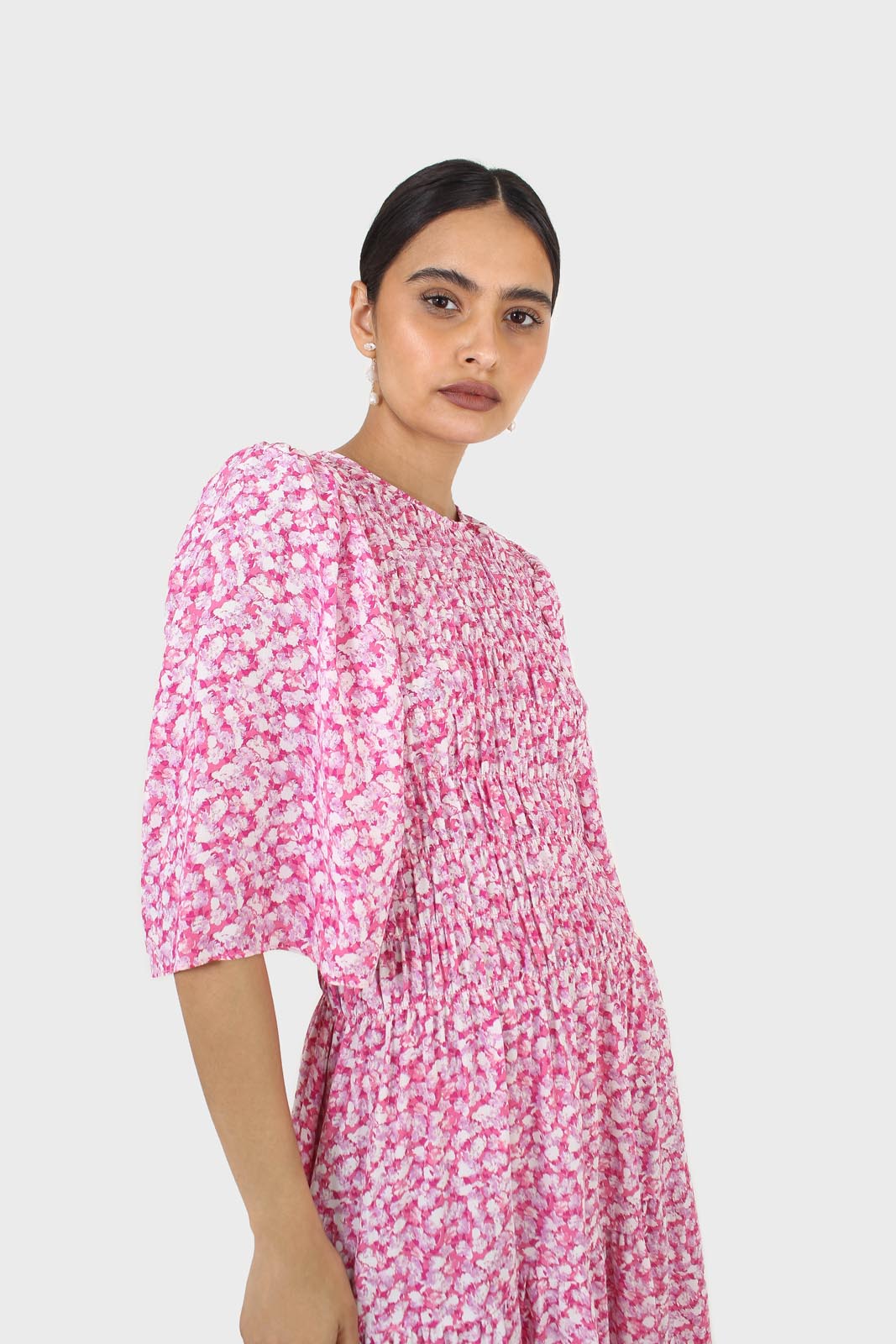 Pink tiny flower smocked bodice midi dress