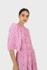 Pink tiny flower smocked bodice midi dress