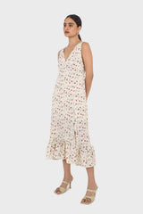 Ivory and red floral print cross back midi dress