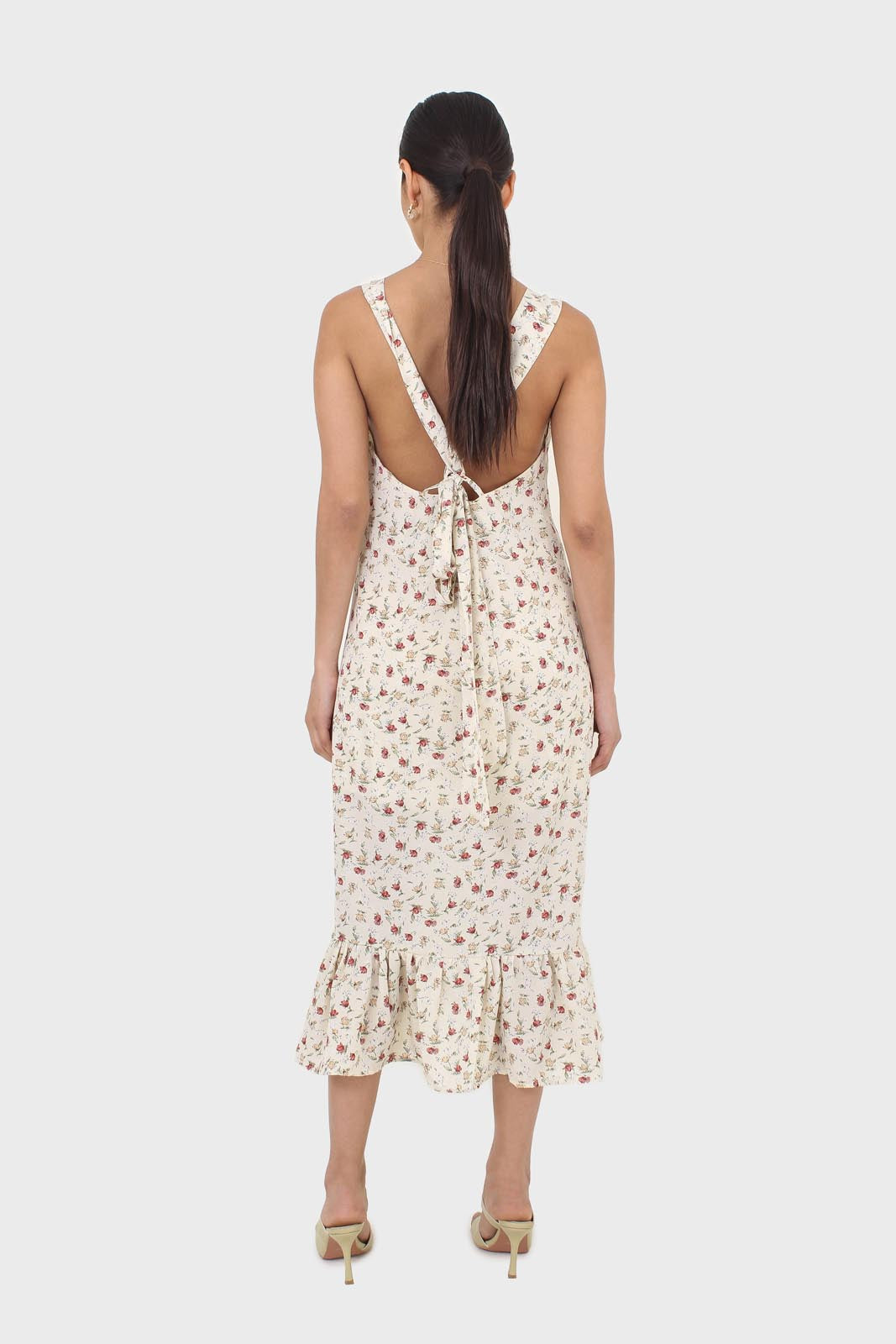 Ivory and red floral print cross back midi dress