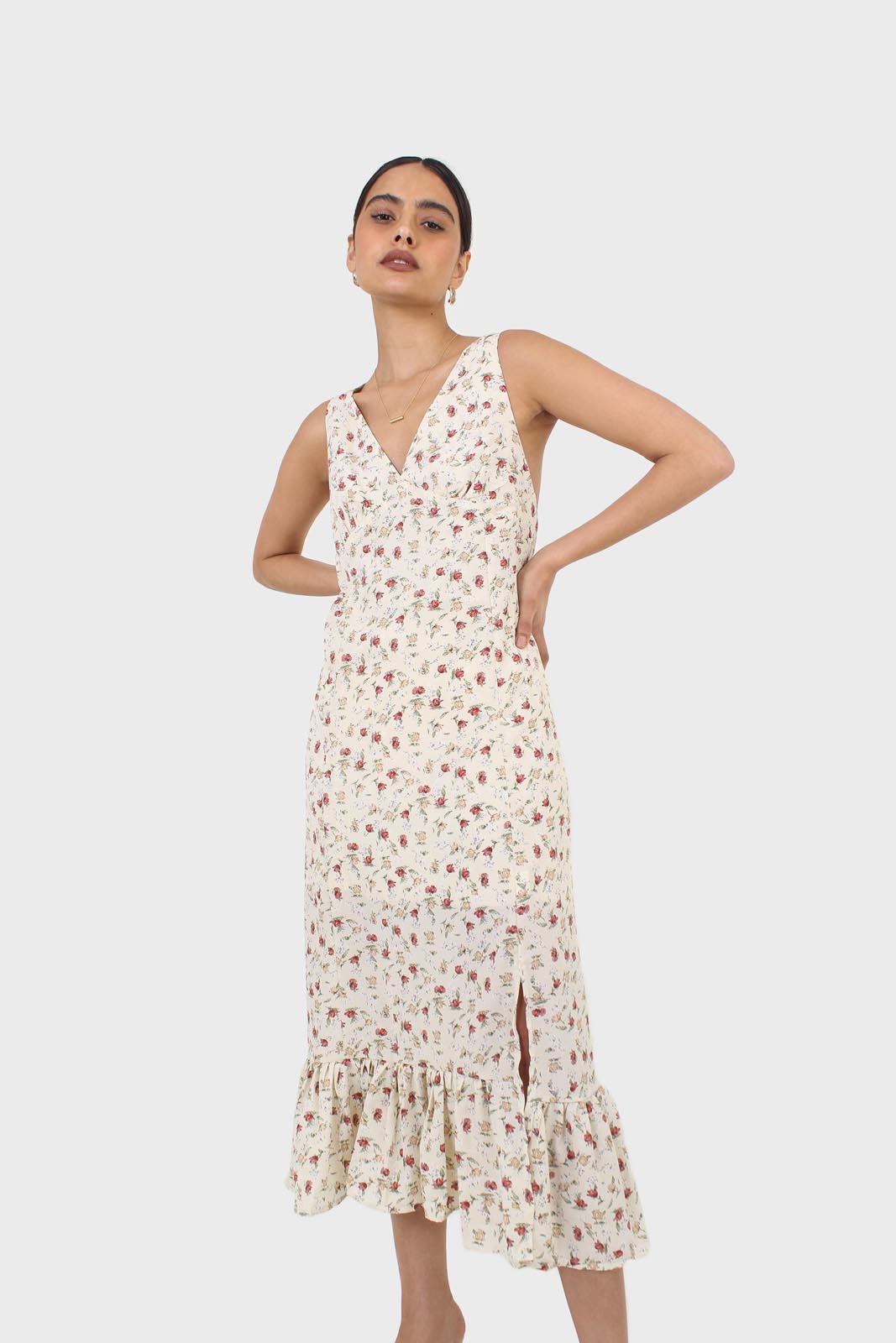 Ivory and red floral print cross back midi dress