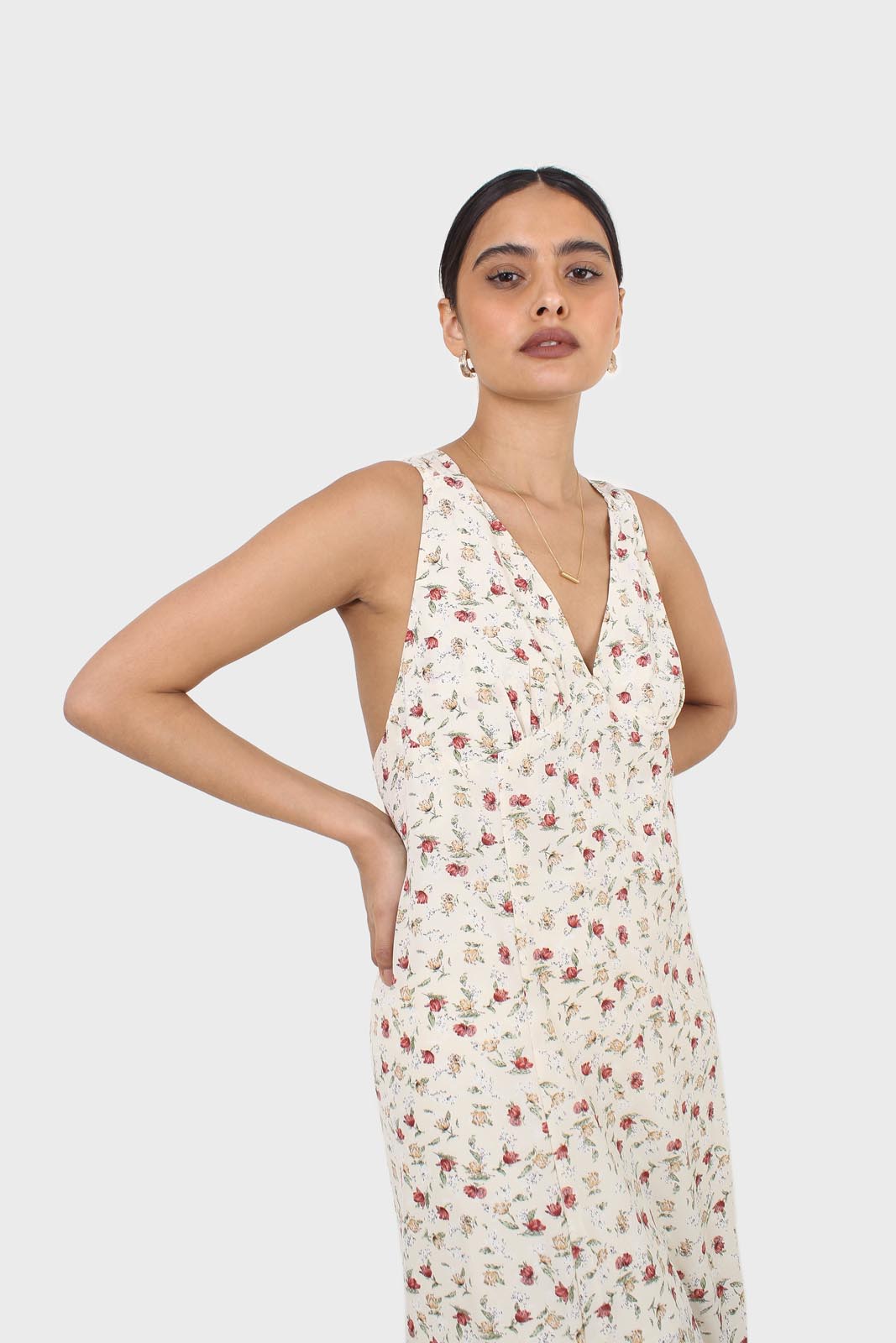Ivory and red floral print cross back midi dress