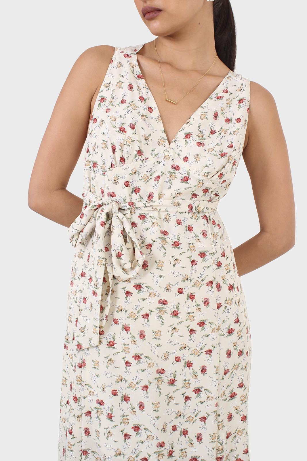 Ivory and red floral print cross back midi dress