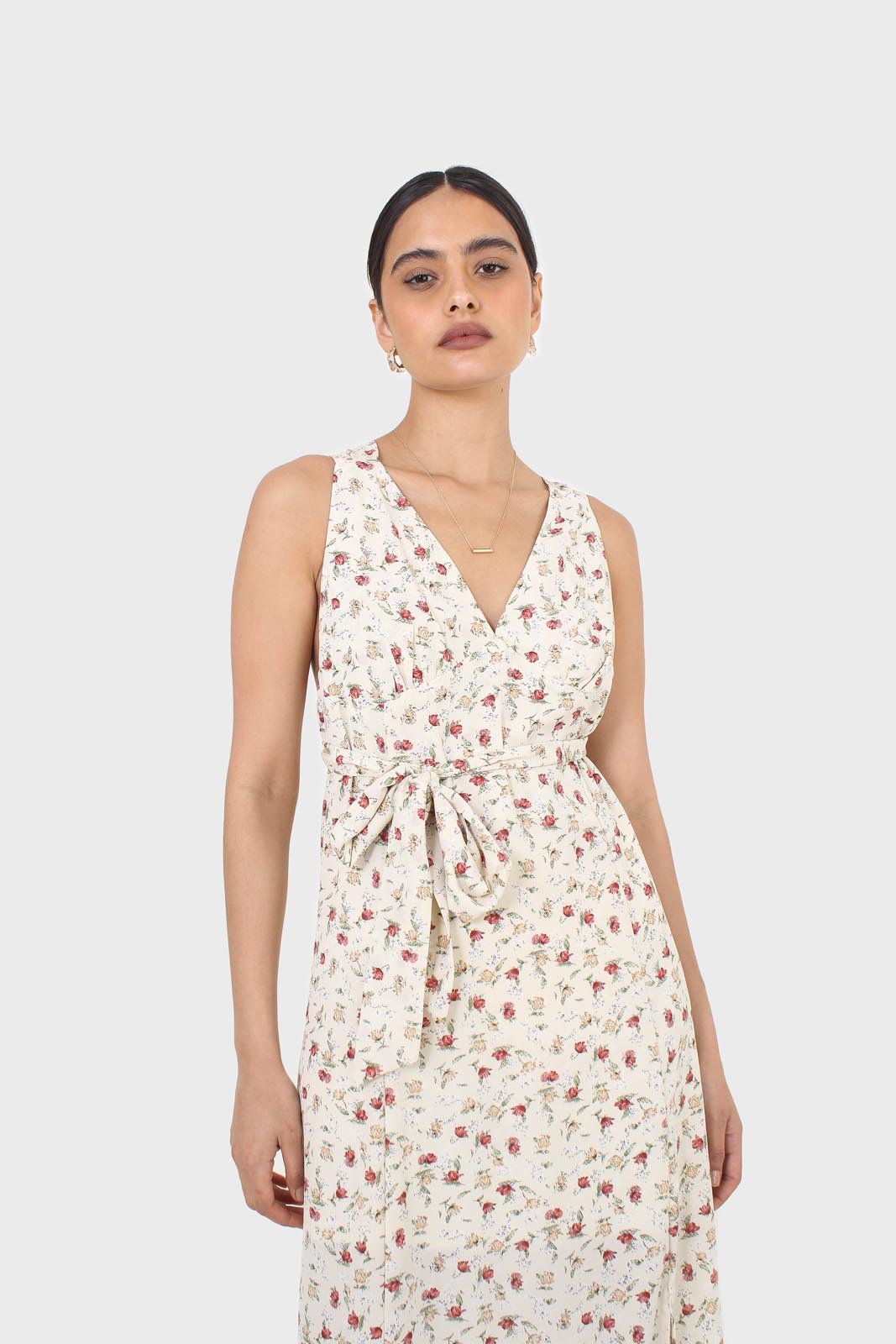 Ivory and red floral print cross back midi dress