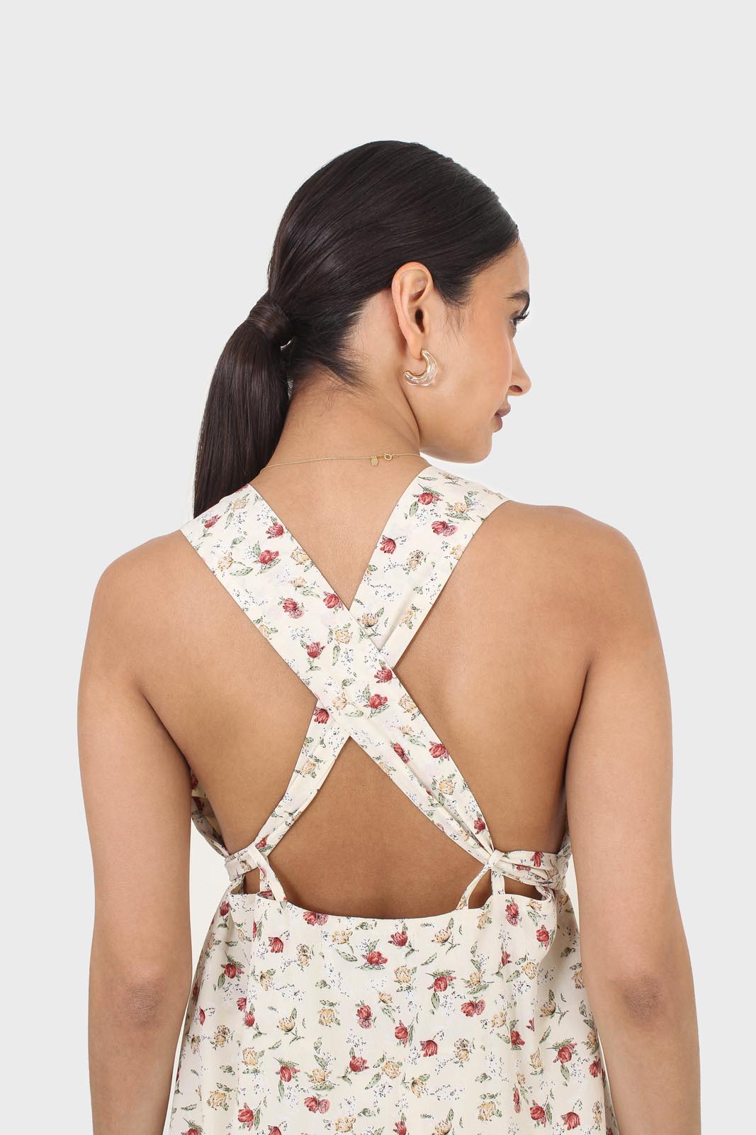 Ivory and red floral print cross back midi dress