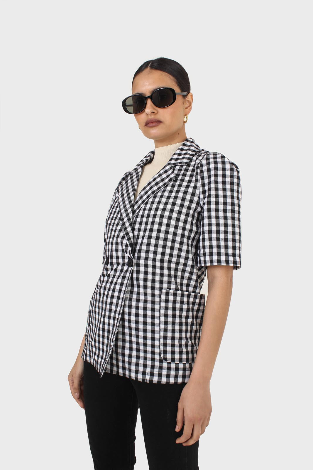 Black and ivory checked short sleeved blazer