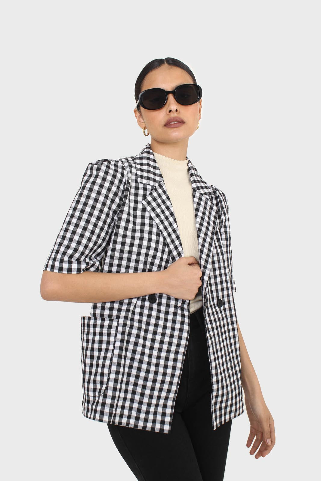 Black and ivory checked short sleeved blazer