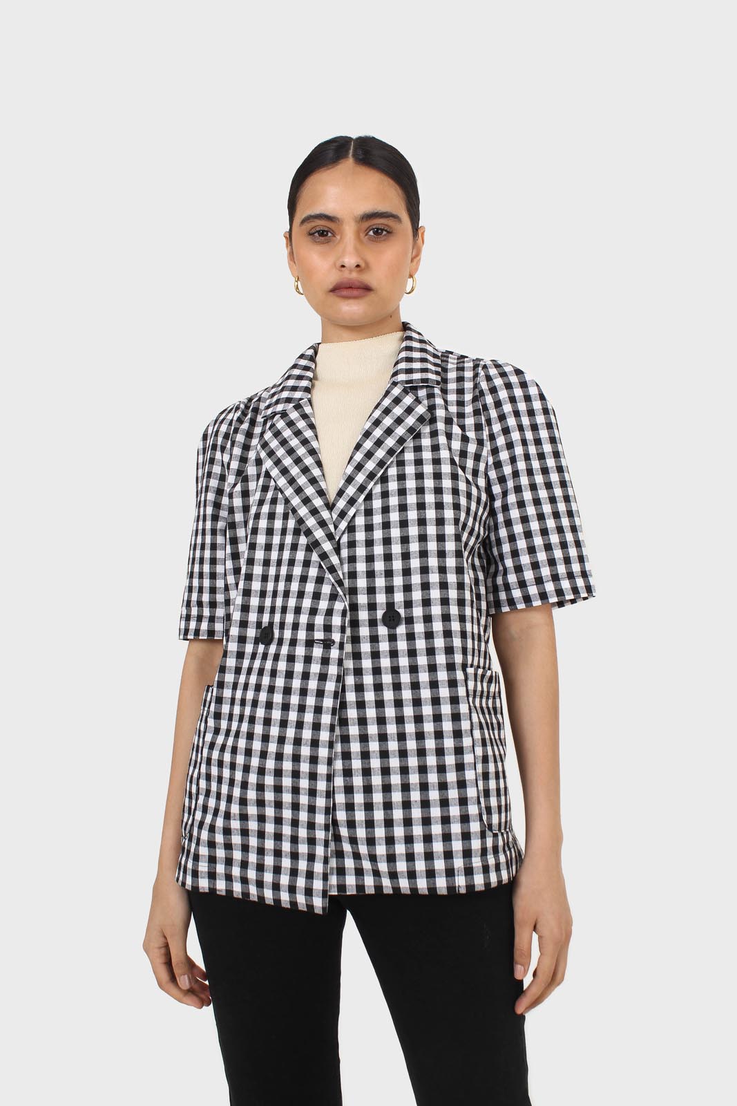 Black and ivory checked short sleeved blazer