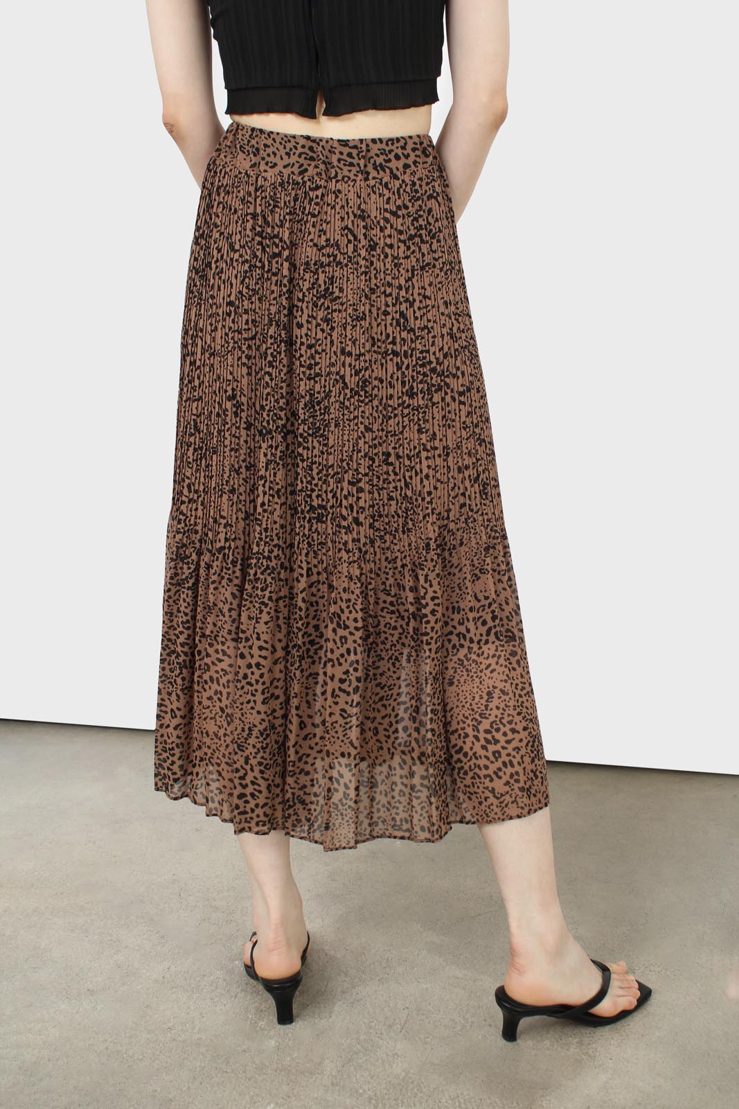 Camel and black animal print silky micro pleat maxi skirt