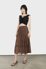 Camel and black animal print silky micro pleat maxi skirt
