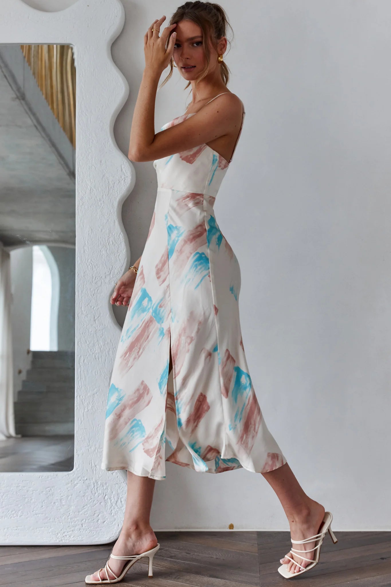 Suki Front Split Midi Dress Watercolor Paint Print Pink