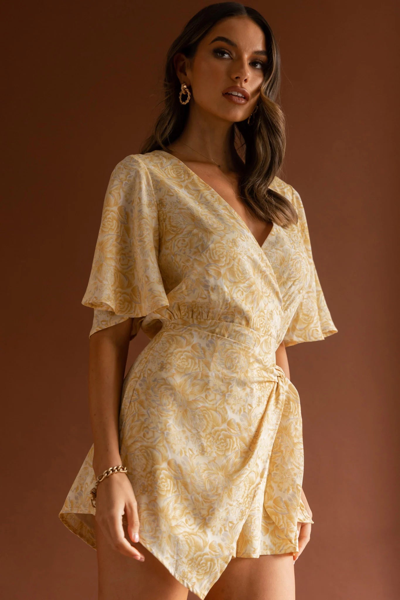 Nadi V-Neckline Wrap Romper Rose Flower Print Yellow