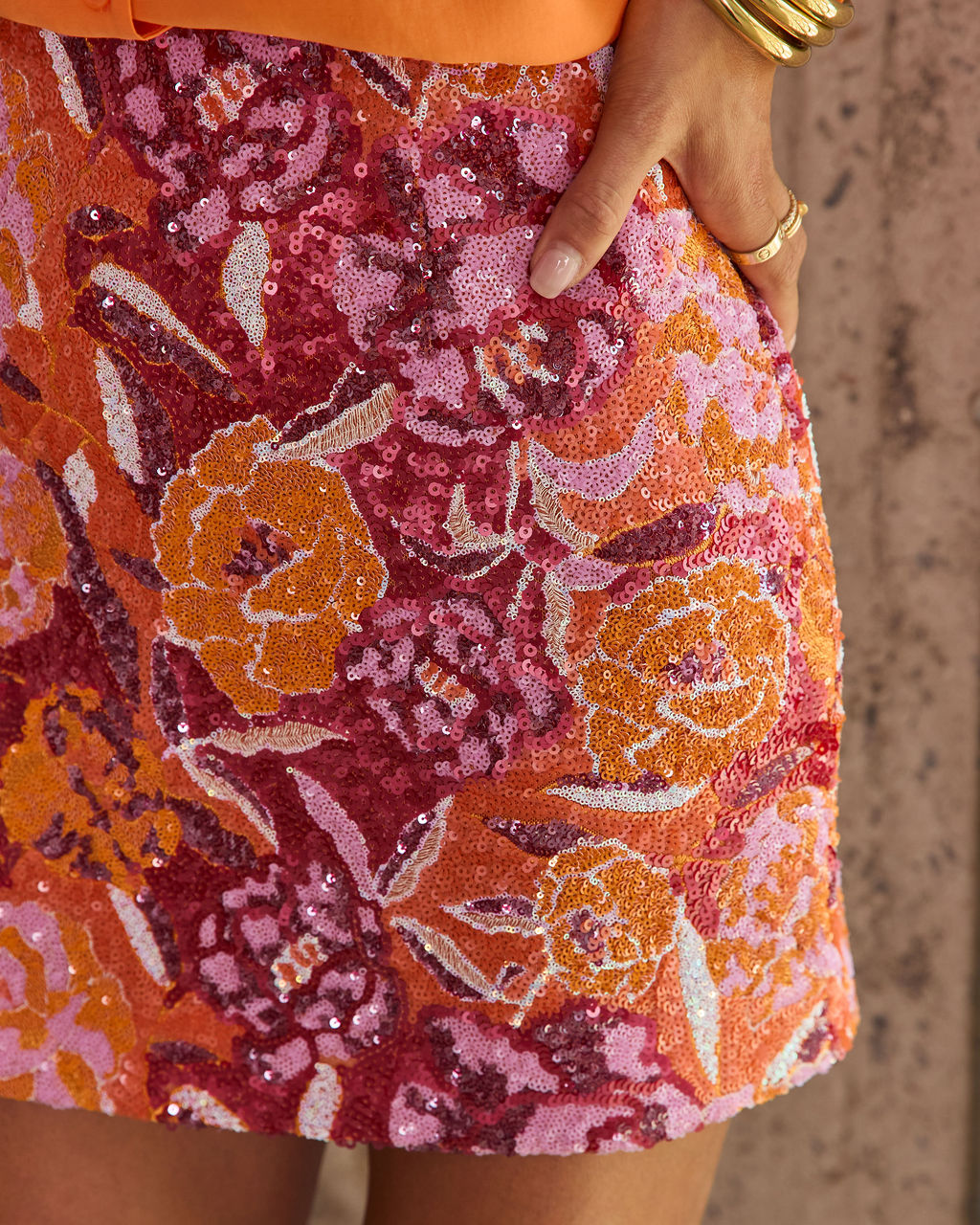 Orchard Lane Floral Sequin Mini Skirt
