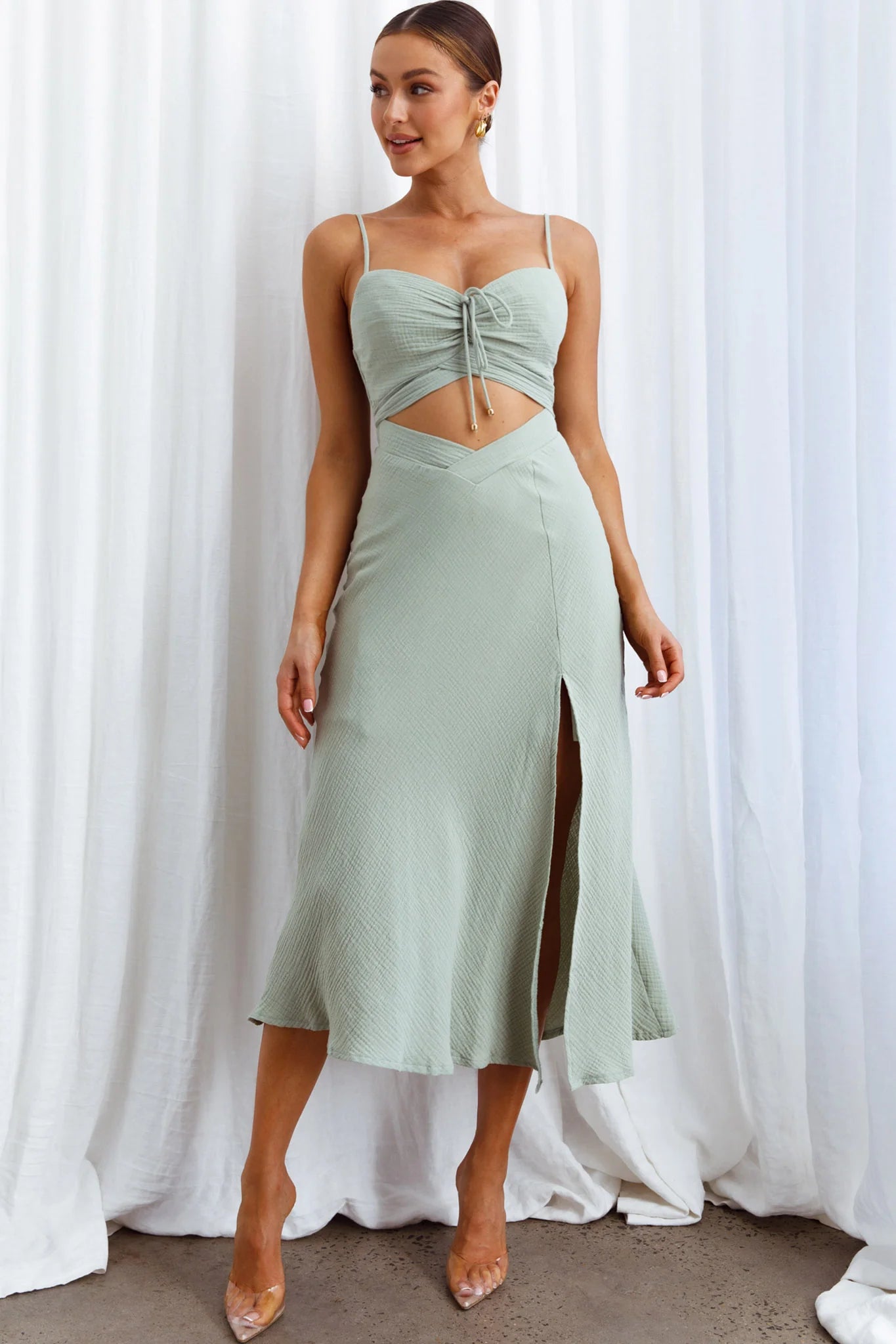 Twin Flame Drawstring Bust Midi Dress Sage