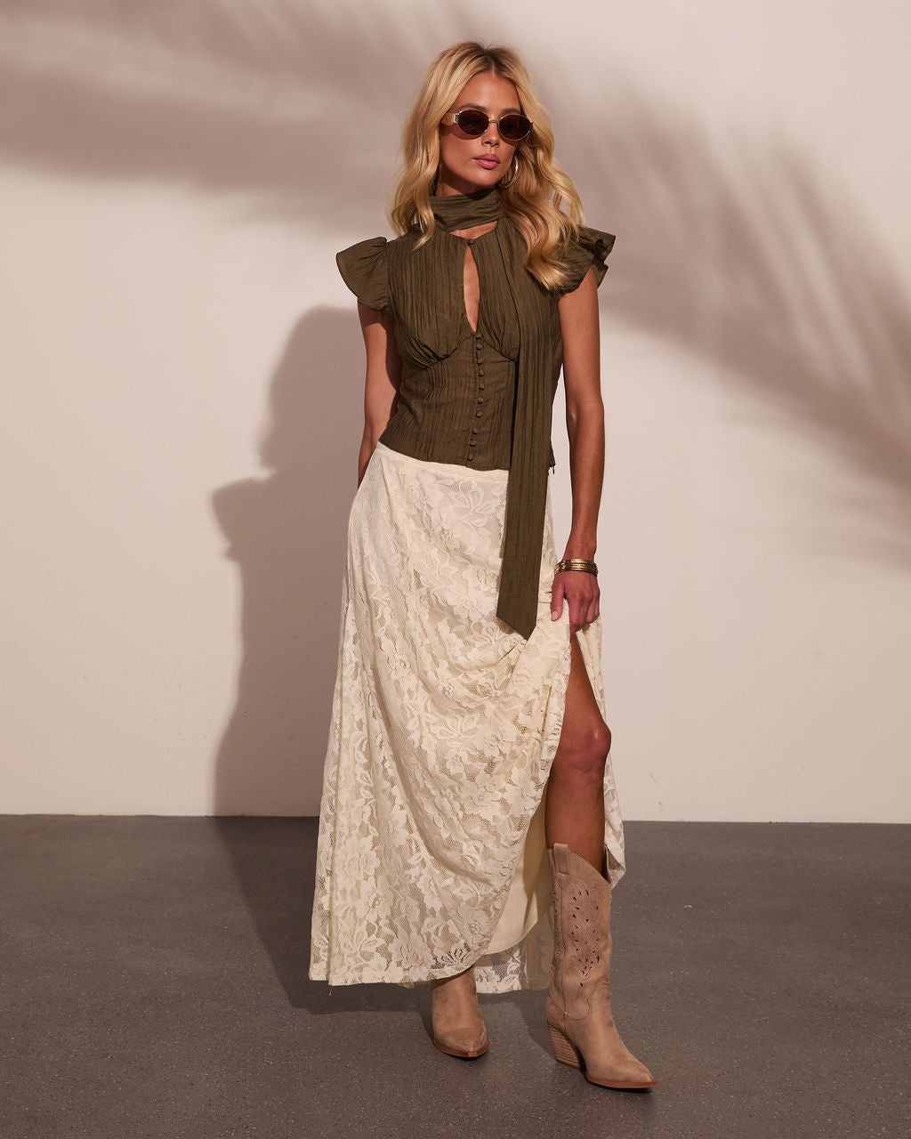 Quiet Wander Cut Out Neck Tie Top