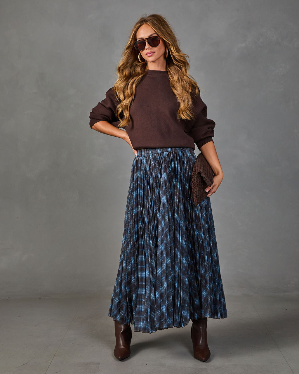 Stephanie Pleated Plaid Midi Skirt