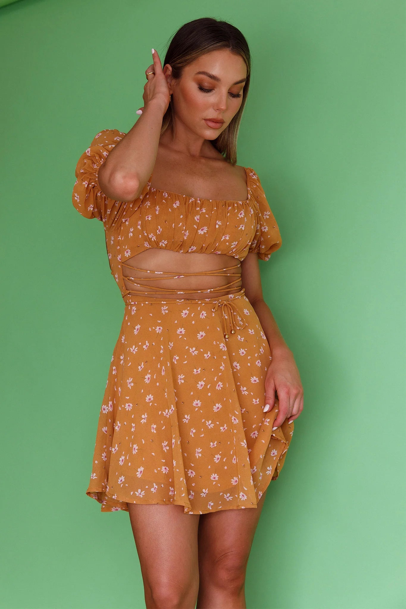 Full Hearts Lace-Up Waist Dress Floral Orange