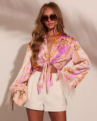 Lennora Satin Paisley Front Tie Feather Trim Blouse