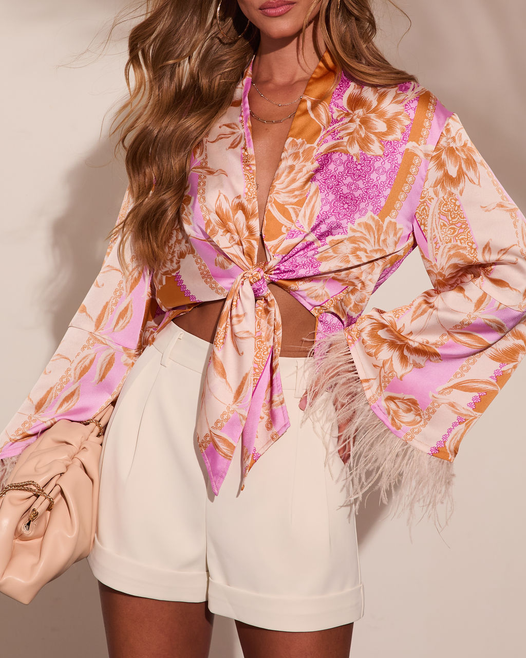Lennora Satin Paisley Front Tie Feather Trim Blouse