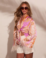 Lennora Satin Paisley Front Tie Feather Trim Blouse