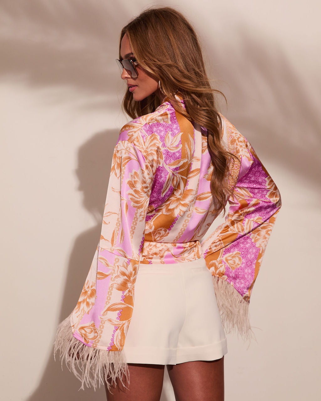 Lennora Satin Paisley Front Tie Feather Trim Blouse