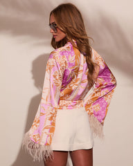 Lennora Satin Paisley Front Tie Feather Trim Blouse