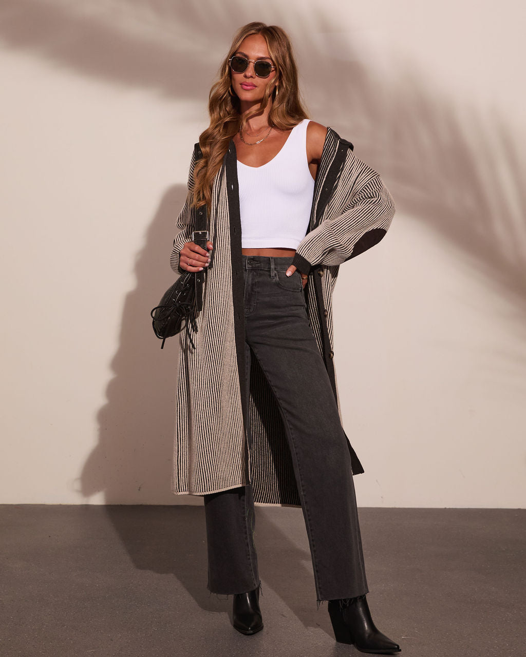 Roselynn Striped Hooded Drawstring Longline Cardigan