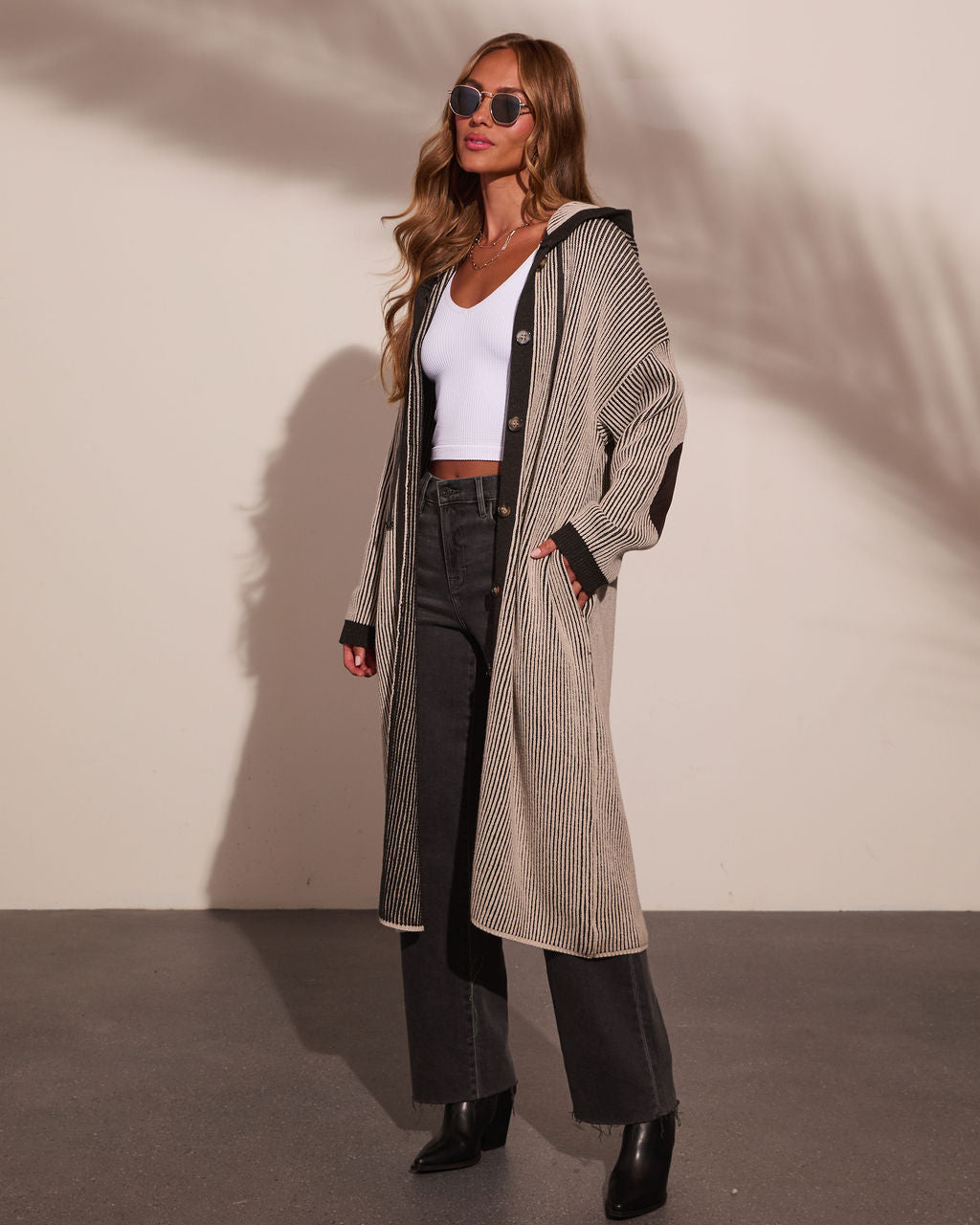 Roselynn Striped Hooded Drawstring Longline Cardigan