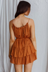 Madeira Drawstring Neckline Frill Mini Dress Tan