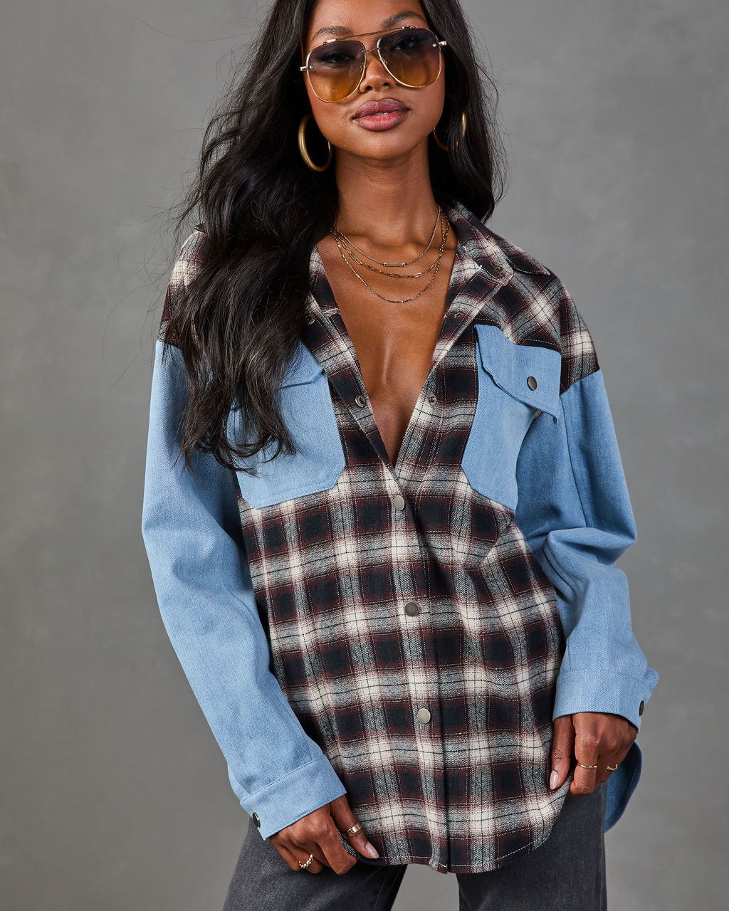 Sweet Season Plaid Denim Panel Longline Button Up Top