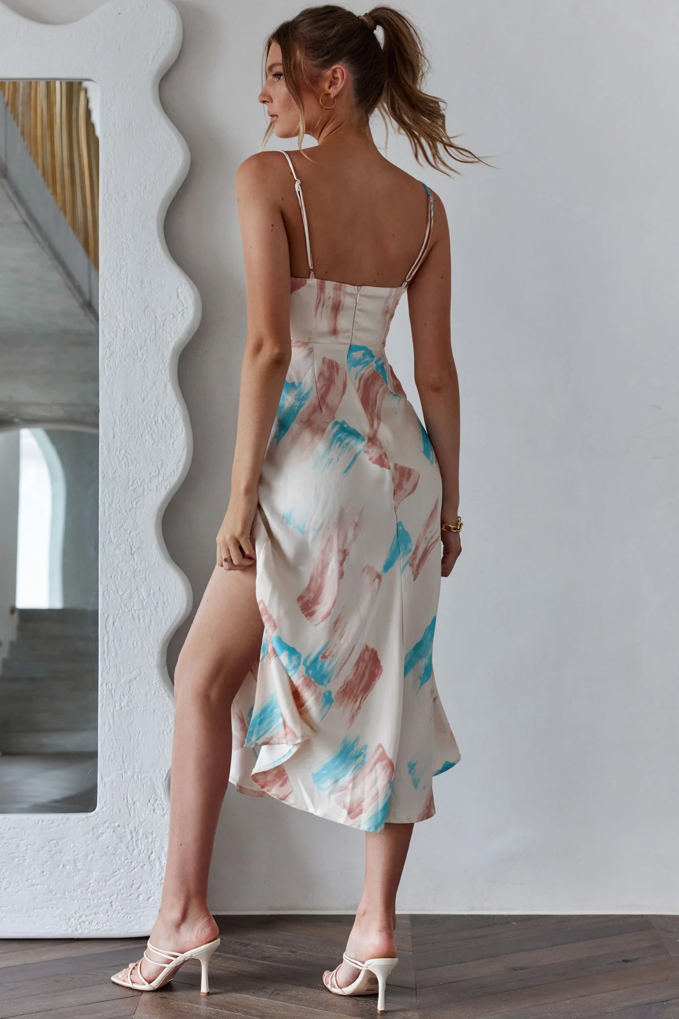 Suki Front Split Midi Dress Watercolor Paint Print Pink