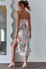 Suki Front Split Midi Dress Watercolor Paint Print Pink